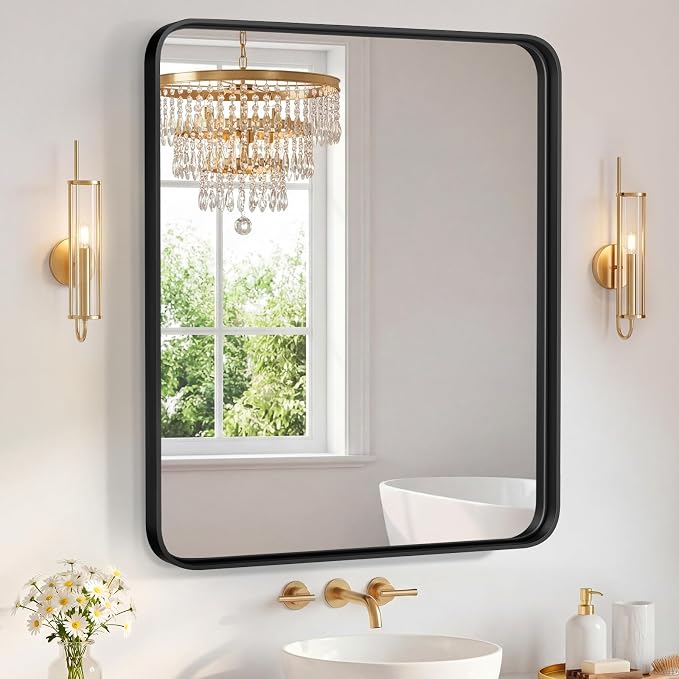 Sweetcrispy Bathroom Mirror 48x36 Inch, Vanity Mirror for Wall | Metal Framed Rounded Rectangle, Over Sink, Farmhouse, Restroom, Anti-Rust, Horizontal or Vertical Hanging, Black