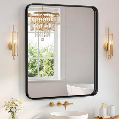 Sweetcrispy Bathroom Mirror 48x36 Inch, Vanity Mirror for Wall | Metal Framed Rounded Rectangle, Over Sink, Farmhouse, Restroom, Anti-Rust, Horizontal or Vertical Hanging, Black