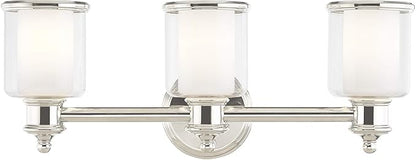 Livex Lighting 40213-35 Middlebush Collection 3-Light Bathroom Vanity Light with Double Shaded Hand Crafted Glass Shades, Polished Nickel, 23.5 x 6.5 x 9