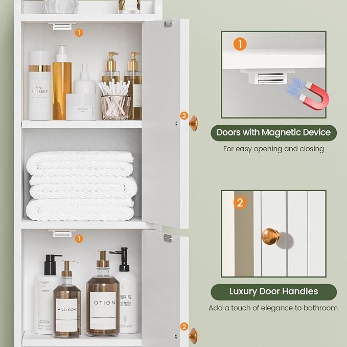 Snughome Bathroom Storage Cabinet, Small Bathroom Cabinet with 2 Doors & Adjustable Shelf, Narrow Toilet Paper Cabinet for Small Spaces, White, 7.9" D x 9.8" W x 29.5" H