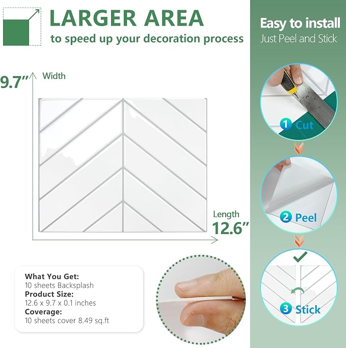 STICKGOO Herringbone Peel and Stick Backsplash, White/Grey Grout, 10 Sheets | 12.6 x 9.7 in, Thicker Rectangular Vinyl Stick-On Wall Tiles, Easy Alignment, Waterproof, Easy to Clean, Kitchen/Bathroom