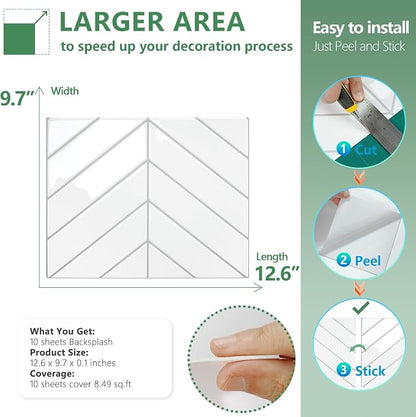 STICKGOO Herringbone Peel and Stick Backsplash, White/Grey Grout, 10 Sheets | 12.6 x 9.7 in, Thicker Rectangular Vinyl Stick-On Wall Tiles, Easy Alignment, Waterproof, Easy to Clean, Kitchen/Bathroom