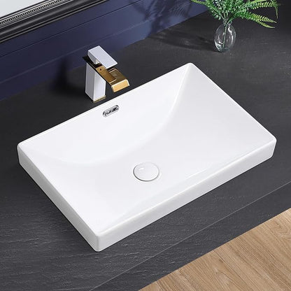 Semi Recessed Bathroom Sink 23"x15" Drop-in Vessel Sink White Porcelain Ceramic Modern Rectangular Sinks Basin Vanity Sinks with Overflow for Bathrooms