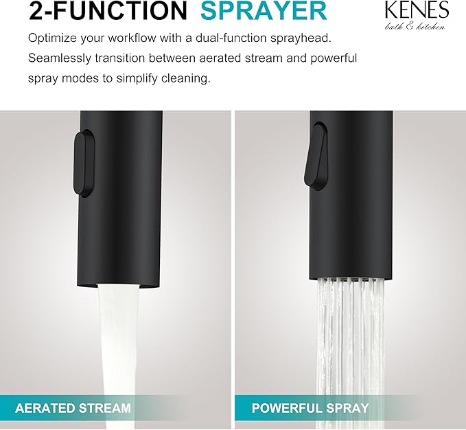 KENES Pull Down Bathroom Faucet with Sprayer, Matte Black Single Handle Bathroom Sink Faucet with Pull Out Sprayer, Vanity Bar Faucet with Pop Up Drain & Deck Plate, KE-9065B-2