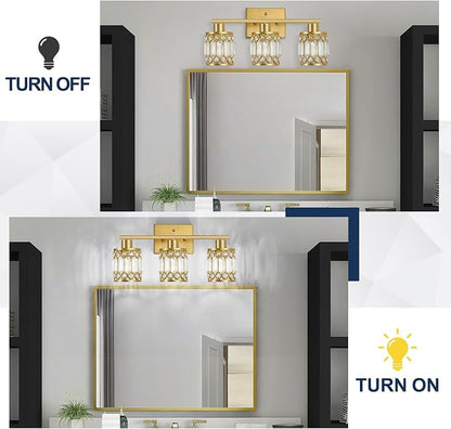 Crystal Modern Bathroom Light Fixtures, 3-Light Brushed Gold Bathroom Vanity Wall Light, Vanity Lights for Mirror, Restroom, Bedroom (E26 Socket, Bulbs Not Included)