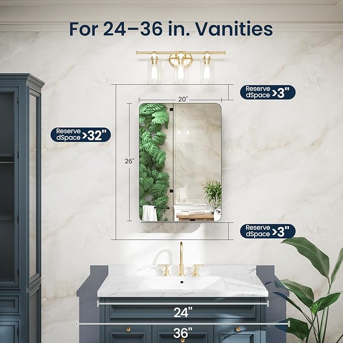 Medicine Cabinet 20x26 Inch, Aluminum Bathroom Mirror Cabinet with Storage, Recessed or Surface Mount, Black Vanity Storage Unit with 3 Anti-Tip Adjustable Acrylic Shelves, Soft Close Hinge