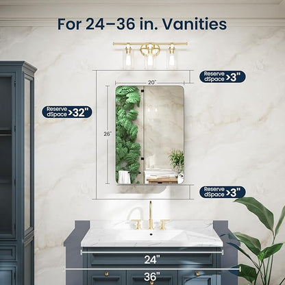 Medicine Cabinet 20x26 Inch, Aluminum Bathroom Mirror Cabinet with Storage, Recessed or Surface Mount, Black Vanity Storage Unit with 3 Anti-Tip Adjustable Acrylic Shelves, Soft Close Hinge