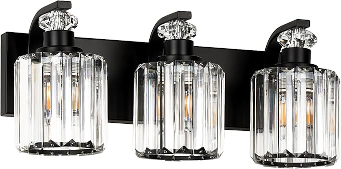 Black Bathroom Light Fixtures with K9 Crystal Lampshade Bathroom Lighting Over Mirror Vanity Lights for Living Room,Bedroom,Restroom,Hallway 3 Lights