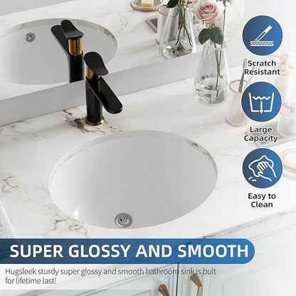 Undermount Bathroom Sink Oval, Hugsleek Interior Bowl Size 18 x 15 inch White Porcelain Ceramic Vessel Sink Under Counter Oval Exterior size 20x16in Bath Sink Bowl Basin Lavatory Vanity Fireclay