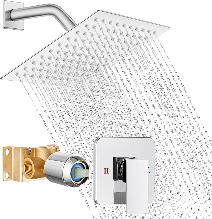 Polished Chrome Shower Faucet Set, 8 Inch Rain Shower System with Valve | Complete Rain Shower Set with Valve, Single Handle Wall Mount Design