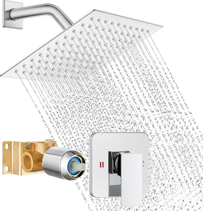 Polished Chrome Shower Faucet Set, 8 Inch Rain Shower System with Valve | Complete Rain Shower Set with Valve, Single Handle Wall Mount Design