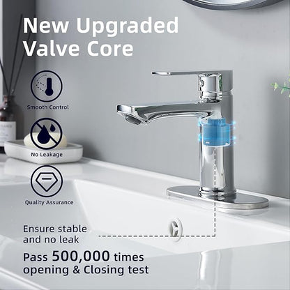 BELZ Chrome Bathroom Faucet, Modern Single Handle One Hole Bath Vanity Sink Faucets with Pop Up Drain and Deck Plate for 1 or 3 Holes
