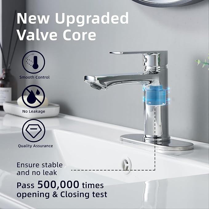 BELZ Chrome Bathroom Faucet, Lead-Free 1 or 3 Hole (4") Vanity Sink Faucet | NSF372 Compliant, Anti-corrosion Coating, 6'' Single Handle Sink Faucet with pop-up drain & hot/cold hoses, Easy DIY Install