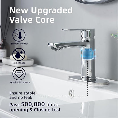 BELZ Chrome Bathroom Faucet, Lead-Free 1 or 3 Hole (4") Vanity Sink Faucet | NSF372 Compliant, Anti-corrosion Coating, 6'' Single Handle Sink Faucet with pop-up drain & hot/cold hoses, Easy DIY Install