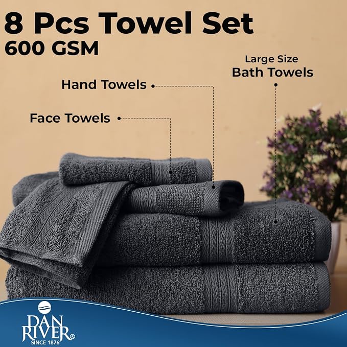 DAN RIVER 8 Piece Luxury Bath Towels for Bathroom, Towel Set, Dark Gray | 2 Bath towels, 2 Hand towels, and 4 Wash Cloths, 600 GSM 100% Ring Spun Cotton, Highly Absorbent, Gym, Hotel, guest, and Spa