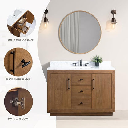 HOMEBEYOND 48" Bathroom Vanity with Single Sink & Ceramic Top, MDF Material Vanity Cabinet with Basin Combo, Soft-Closing Doors, Removable Shelf, Backsplash, Tan