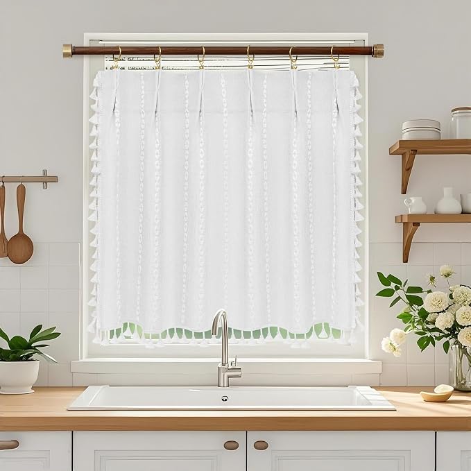 Seenus Boho Farmhouse Window Curtain with Tassels, 30 x 24 Inch Light Filtering Sheer Short Cafe Window Curtain Tier, White Linen Textured Pleated Small Window Drape for Kitchen or Bathroom, 1 Panel