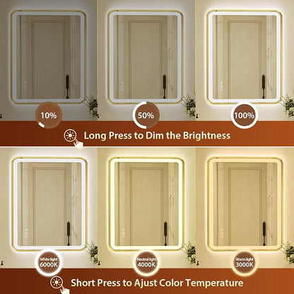28x40 Inch Gold Framed LED Bathroom Mirror with Lights, Built-in Bluetooth Speaker,Tempered Glass,Dimmable Lighted Bathroom Vanity Mirror with 3 Colors, Backlit + Frontlit, Memory, Anti-Fog