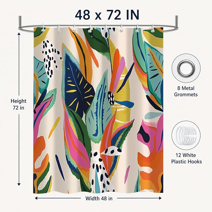 Colorful Abstract Shower Curtain, Floral Boho Modern Asthetic Plant Bathroom Curtain, Waterproof Polyester Fabric Shower Curtain Set with Hooks 48x72 Inch