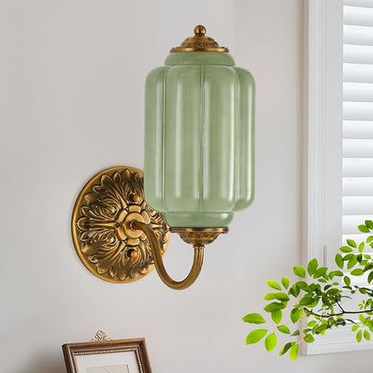 Green Glass Sconce Vintage Vanity Sconces Brass, Bulb Included | Green Glass Art Deco Antique Wall Sconce Wall Light for Bedroom Bathroom Living Room Entryway, Retro Gold and White 1 Pack
