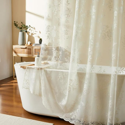 Ivory Lace Shower Curtain for Bathroom Romantic Floral Shower Curtain with Attached Valance Romantic Cream Luxury Lace, Vintage Shabby Chic Bath Curtains for Master Bath Apartment Women, 1 Panel 72x72