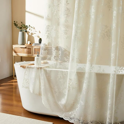 Ivory Lace Shower Curtain for Bathroom Romantic Floral Shower Curtain with Attached Valance Romantic Cream Luxury Lace, Vintage Shabby Chic Bath Curtains for Master Bath Apartment Women, 1 Panel 36x72