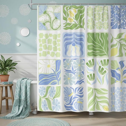 JAWO Blue Cute Boho Floral Shower Curtain, Colorful Abstract Floral Retro Aesthetic Shower Curtain for Bathroom, Funky Unique Waterproof Fabric Polyester Bath Curtains Decor with Hooks,70Wx75H
