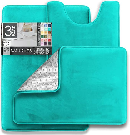 Clara Clark 3 Piece Bathroom Rugs Bath Mat Set, Velvet Memory Foam Bath Mats for Bathroom - Non-Slip, PVC Backing Bath Rugs, Washable - Dries Quickly, Teal