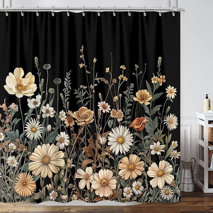 Vintage Boho Floral Shower Curtain, Cute Retro Bohemian Flower Botanical Aesthetic Decorative Shower Curtain Set with Hooks, Unique Dark Wildflower Rustic Farmhouse Shower Curtains for Bathroom 72X78
