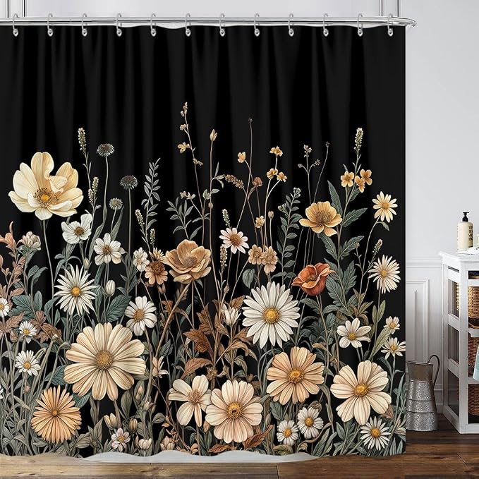 Vintage Boho Floral Shower Curtain, Cute Retro Bohemian Flower Botanical Aesthetic Decorative Shower Curtain Set with Hooks, Unique Dark Wildflower Rustic Farmhouse Shower Curtains for Bathroom 72X72