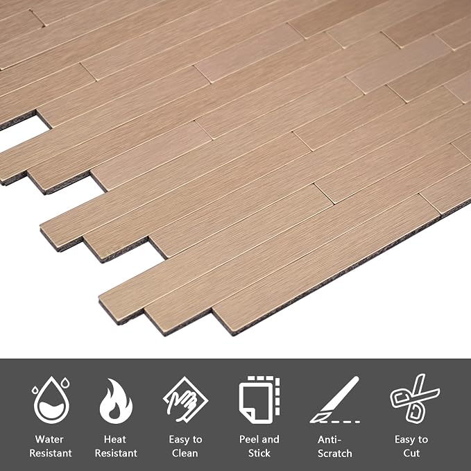 Peel and Stick Backsplash for Kitchen, Brushed Aluminum Copper Backsplash Metal Stick on Wall Tile (12 Sheets)
