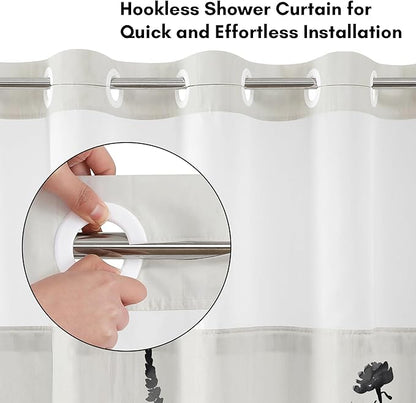 Americanflat 72x75 Hookless Shower Curtain - Water-Resistant Floral Shower Curtain with Sheer Panel, Snap-in Liner, and Grommets - 100% Polyester - Botanical Bathroom Curtains - Black, Pink and White