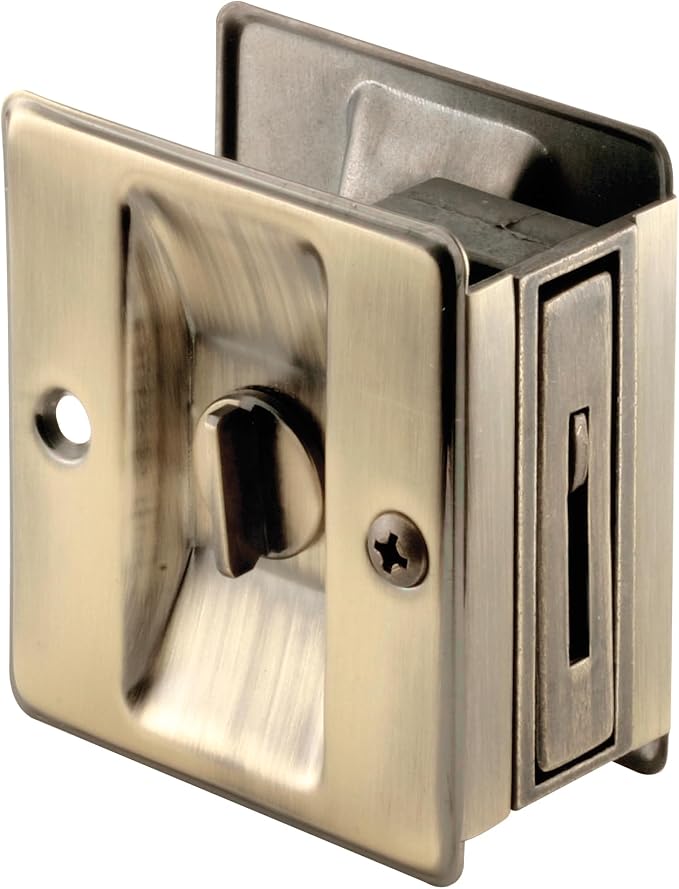 Prime-Line N 6774 Pocket Door Privacy Lock with Pull - Antique Brass, Replace Old or Damaged Pocket Door Locks Quickly and Easily (Single Pack)