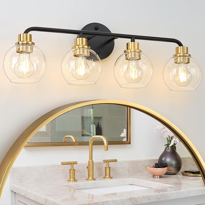 4 Light Bathroom Vanity Light, Black and Gold Bathroom Light Fixtures | with Clear Glass Shade Modern Wall Sconces Lighting Bath Wall Lights Lamp for Mirror Kitchen Living Room Bedroom Hallway