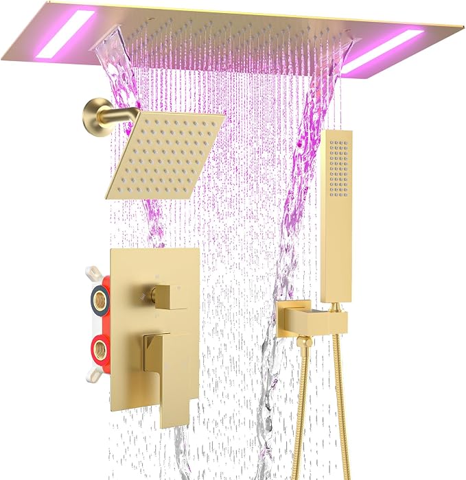 ENGA Dual Rain Shower Head System, 2 In 1 Functions Ceiling Mount 14x20inch LED Shower Head with 6 Inch Shower Head, Rainfall Waterfall Shower Faucet Set, Brushed Gold