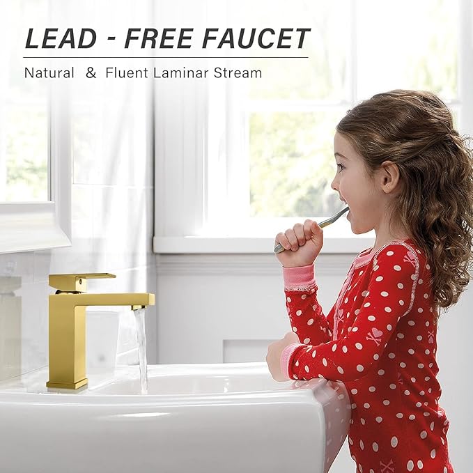 Solid Brass Bathroom Faucet, Gold Bathroom Faucet 1 Hole,CEC & cUPC Certified Lead-Free Single Hole Vanity Gold Faucet with Two Flexible Hoses & Pop Up Drain Stopper