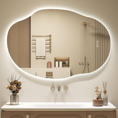 OKPAL Backlit Irregular Lighted Mirrors for Bahtroom 40x30, Asymmetrical Leaf-Shaped Led Vanity Mirror with Lightes, Anit-Fog, Dimmable, Memory, Tempered Glass, UL (Horizontal/Vertical)