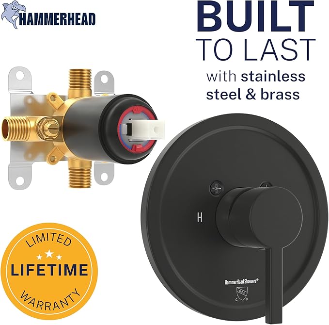HammerHead Showers Solid Metal Single-Handle Trim Kit with Rough-In Shower Valve, Volume and Temperature Control, Pressure Balance, Matte Black