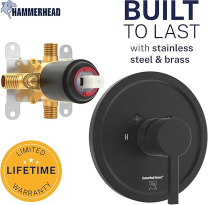 HammerHead Showers Solid Metal Single-Handle Trim Kit with Rough-In Shower Valve, Volume and Temperature Control, Pressure Balance, Matte Black
