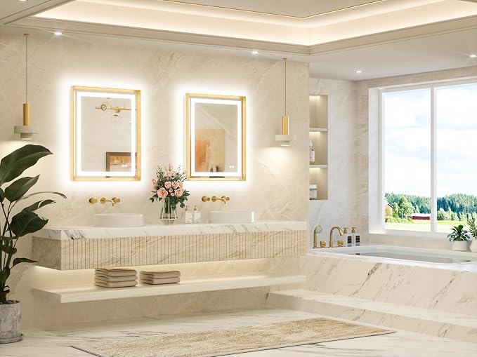 24 x 30 Bathroom Mirror Brushed Gold Metal Frame Frontlit & Backlit Vanity Mirror 3 Colors White/Warm/Natural Stepless Dimmable Anti-Fog Bathroom Mirrors for Vanity Wall-Mounted