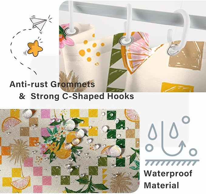 Yellow Lemon Shower Curtain with Hooks for Bathroom 72x84 Inch | Waterproof Summer Green and Pink Citru Fruits Shower Curtain Set, Soft Bathroom Decor, Machine Washable
