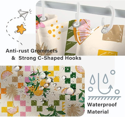 Yellow Lemon Shower Curtain with Hooks for Bathroom 72x78 Inch | Waterproof Summer Green and Pink Citru Fruits Shower Curtain Set, Soft Bathroom Decor, Machine Washable