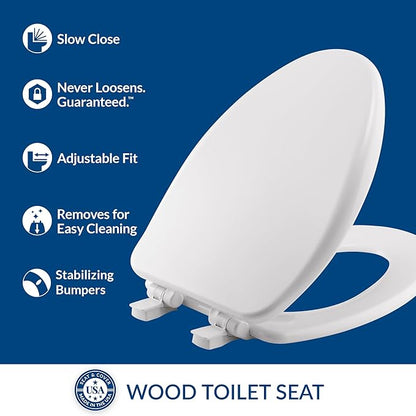 Mayfair Alesio II Slow Close Toilet Seat, Easy Clean Hinges and Adjustable Perfect Fit Wood Seat, Made in USA, Elongated, White