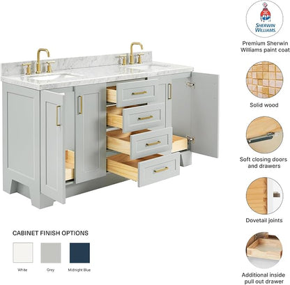 Emilia 66-Inch Grey Double Bathroom Vanity, 1.5-Inch Edge Italian Carrara Marble Countertop & Splash, Rectangular Sinks, 4 Soft-Closing Doors, 6 Dovetail Drawers, Toe Kick, Satin Brass