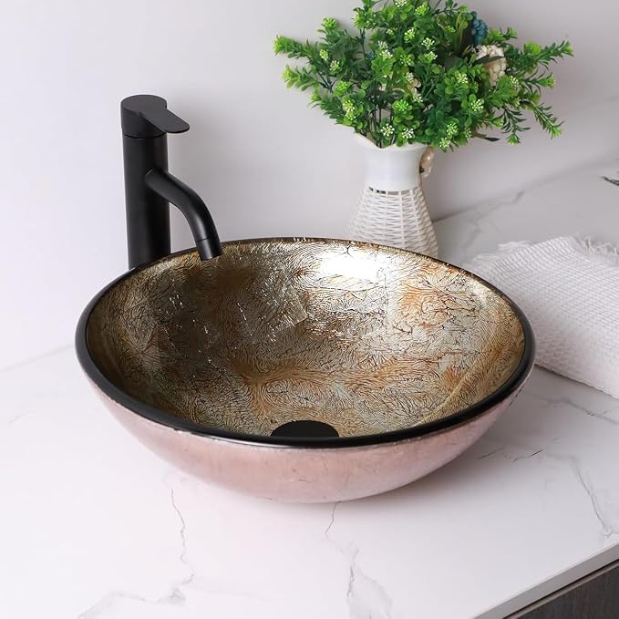 Sarlai Bathroom Vessel Sink Tempered Glass Round Vessel Sink with Faucet and Pop-up Drain Combo 16-1/2 x 16-1/2 Inch Yellow Countertop Bathroom Sink Basin
