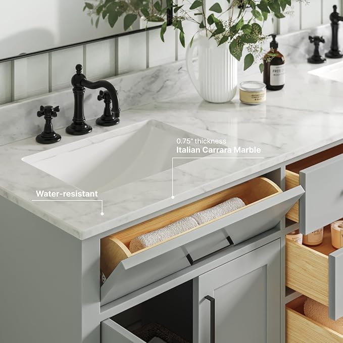 ARIEL Hepburn 72-inch Bathroom Vanity with Sink,Solid Wood, 0.75-inch Italian Carrara Marble Countertop, Double Rectangular Porcelain Sink, 4 Soft Closing Doors, 6 Dovetail Drawers, Grey