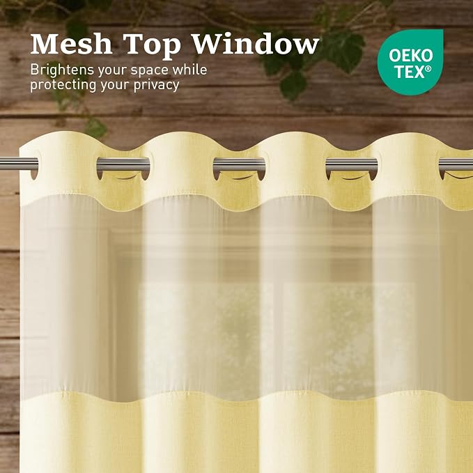 Yellow Ringless Linen Textured Shower Curtain with Snap in Liner 72x75 | 3 in 1 Modern Shower Curtain Set, Removable Liner, Waterproof & Washable, Mesh Top Window, Durable Fabric, Easy to Install