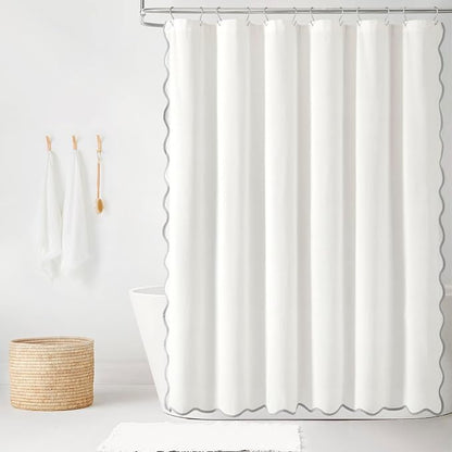 Lush Decor Coastal Chic Scallop Edge Linen-Textured Shower Curtain, Single 72" W x 72" L, Gray & White - Scalloped Shower Curtains - Coastal Bathroom Curtain