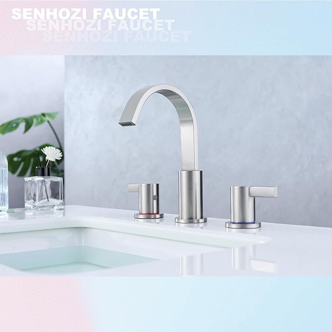 Brushed Nickel Bathroom Faucets 3 Hole, 8 Inch Widespread Waterfall Bathroom Sink Faucet, 2 Handles Vanity Faucet with Pop-up Drain and Supply Hose SE-0018-BN