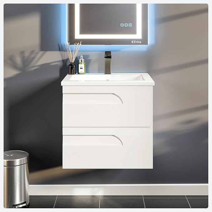 Eviva Joy 24 in. White Wall MountSingle Sink Bath Vanity with Porcelain Top and Integrated Sink